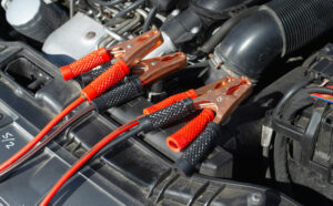 closeup of car battery cables